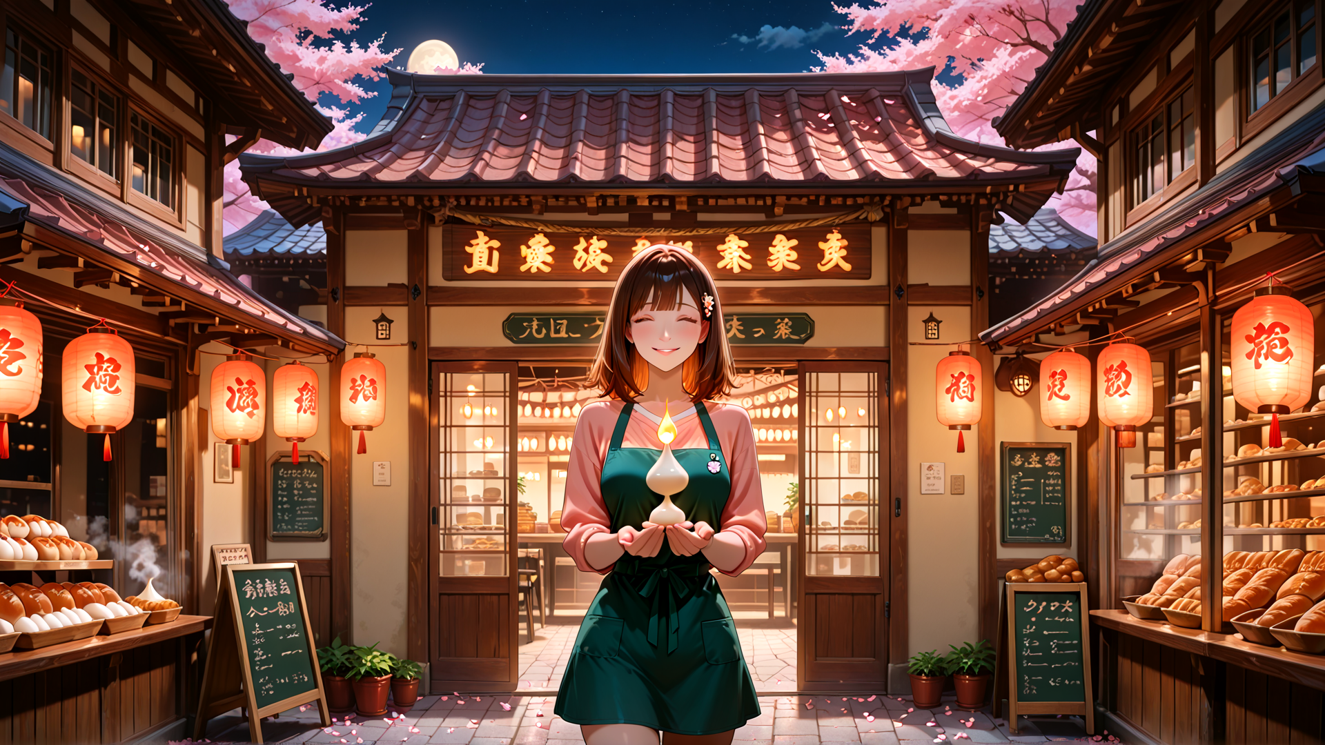 AI generated wallpaper featuring girl, lantern, bakery, cherry blossom, lantern, signboard, bread, moon, shop, flower