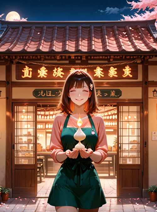 girl, lantern, bakery, cherry blossom, lantern, signboard, bread, moon, shop, flower
