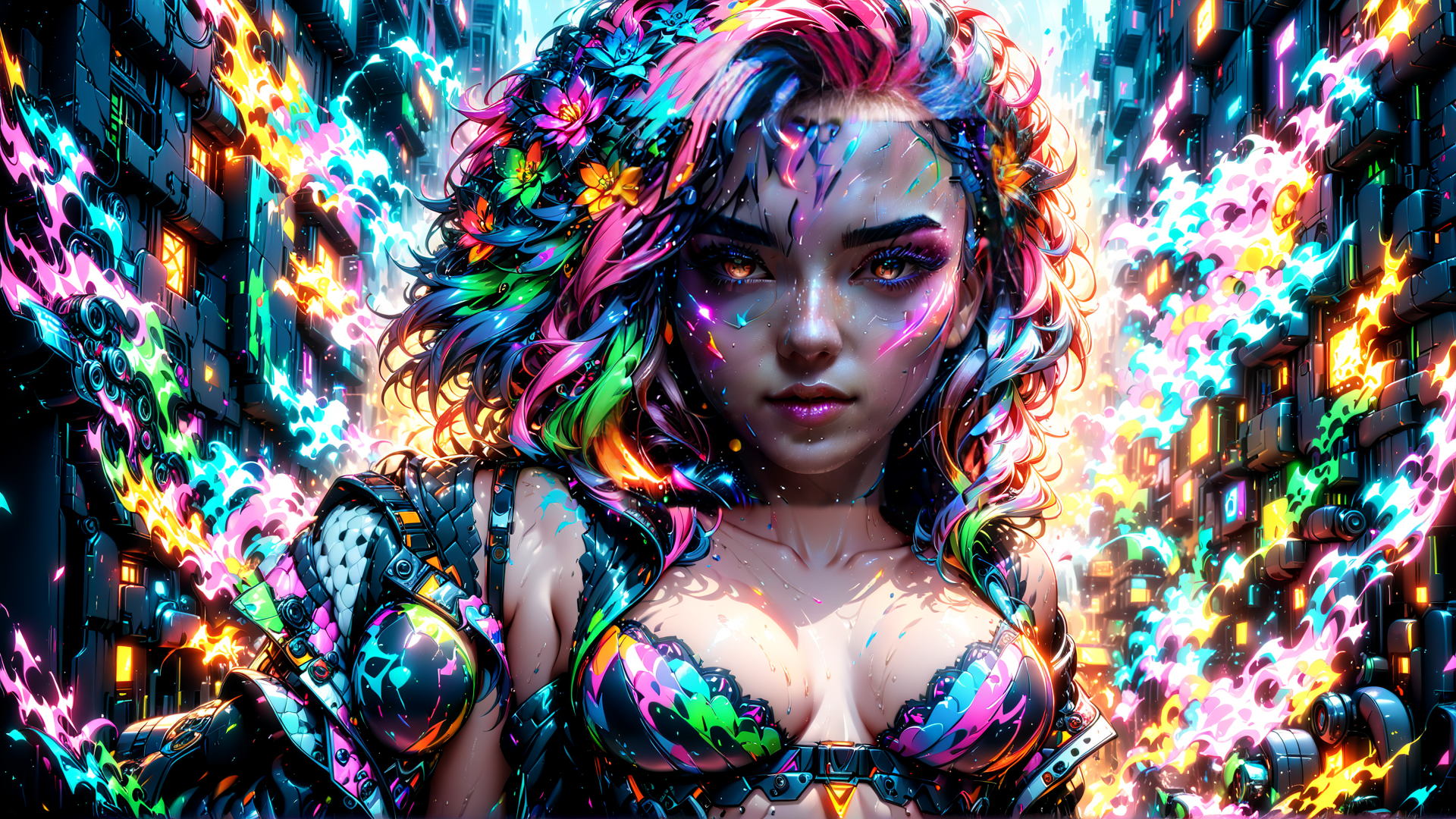 AI generated wallpaper featuring woman, cyberpunk, city
