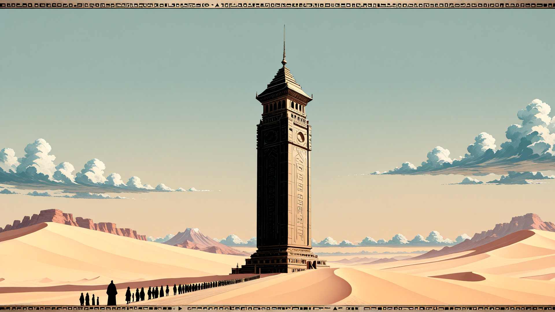 AI generated wallpaper featuring tower, desert, people, sand dunes, mountains, clouds, architecture, silhouette, landscape, ancient