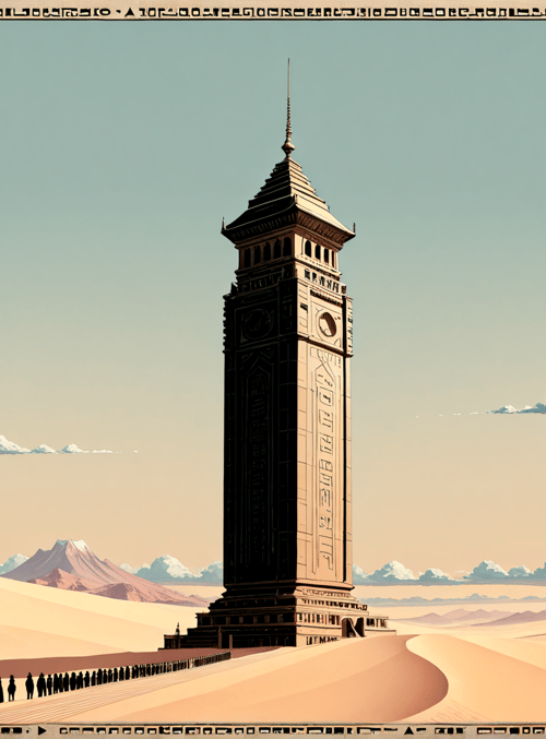tower, desert, people, sand dunes, mountains, clouds, architecture, silhouette, landscape, ancient