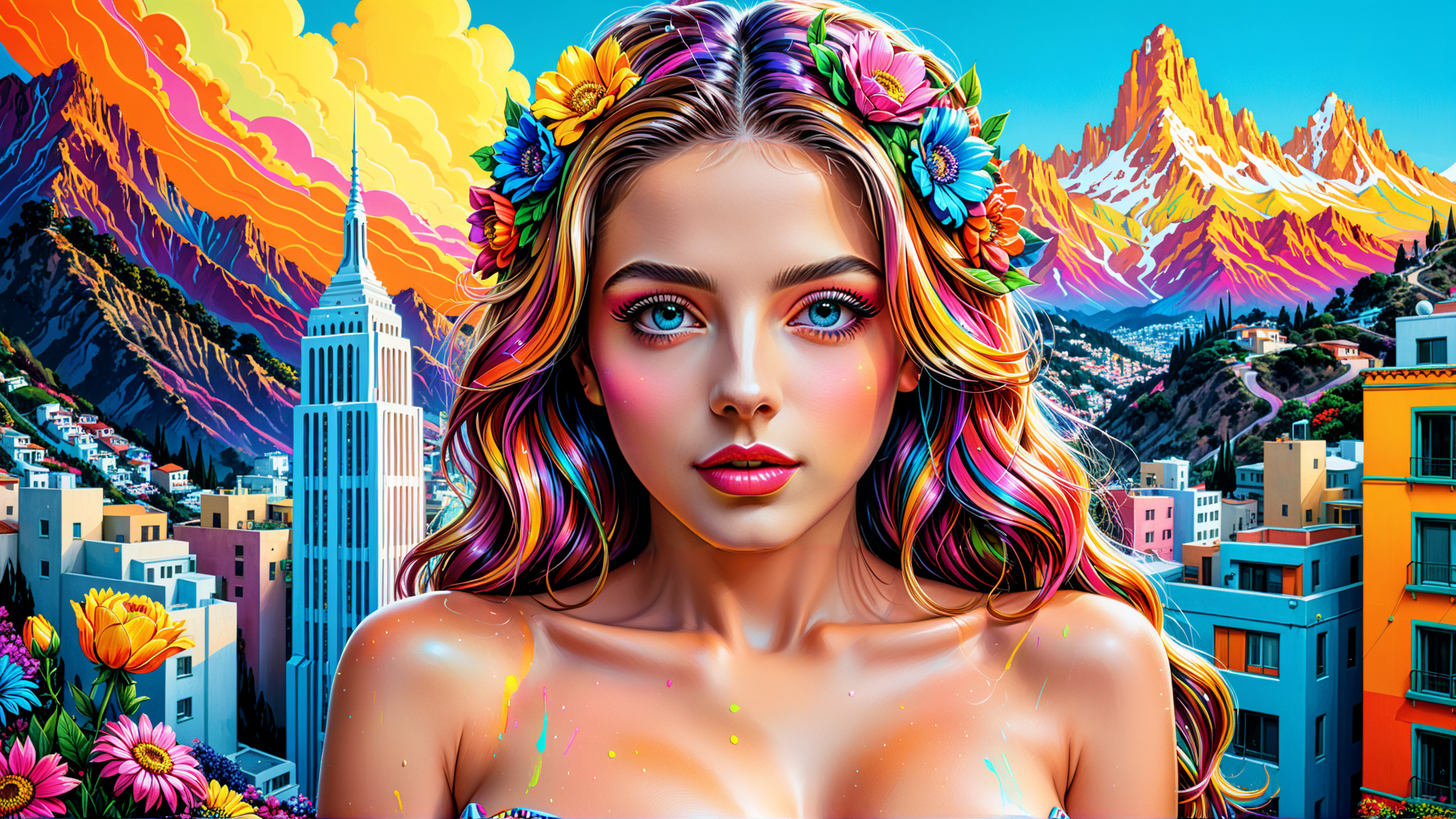 AI generated wallpaper featuring woman, flowers, cityscape, mountains, buildings