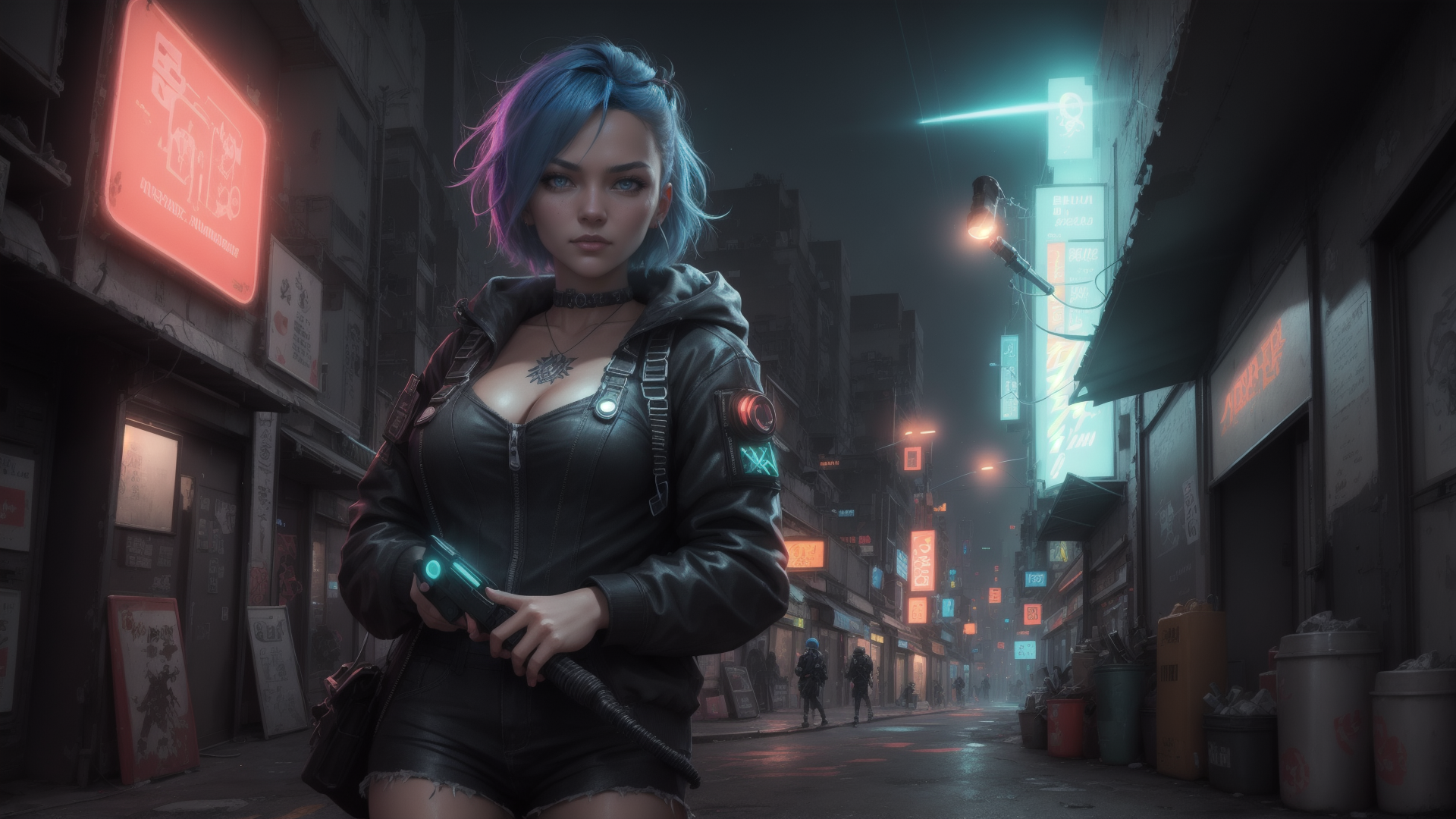 AI generated wallpaper featuring cyberpunk, woman, gun