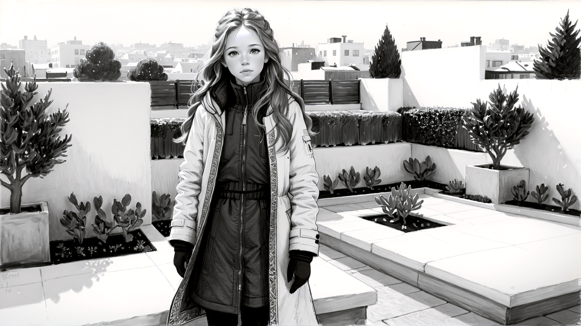 AI generated wallpaper featuring woman, rooftop, plants, cityscape, coat, trees