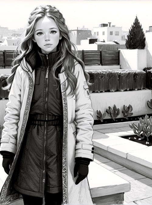 woman, rooftop, plants, cityscape, coat, trees