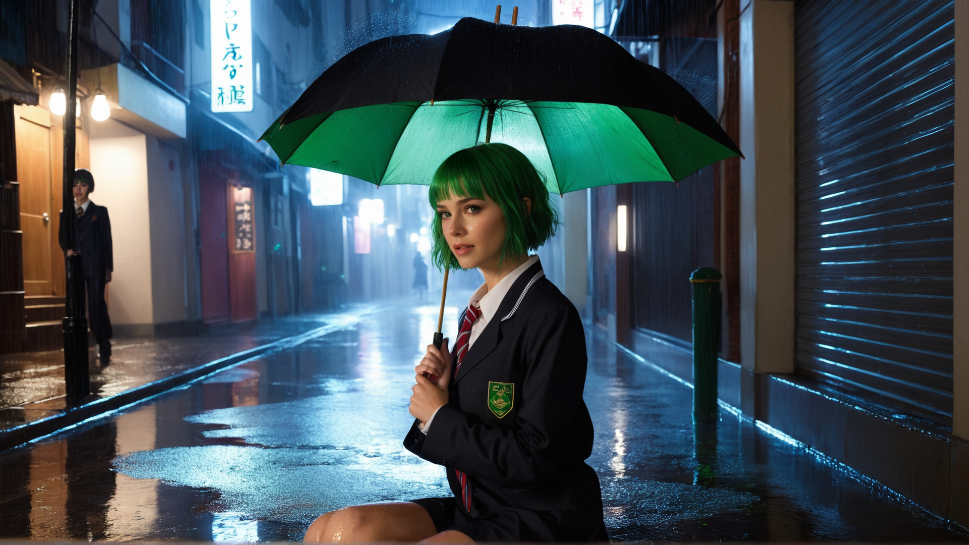 AI generated wallpaper featuring girl, umbrella, street, rain, school uniform