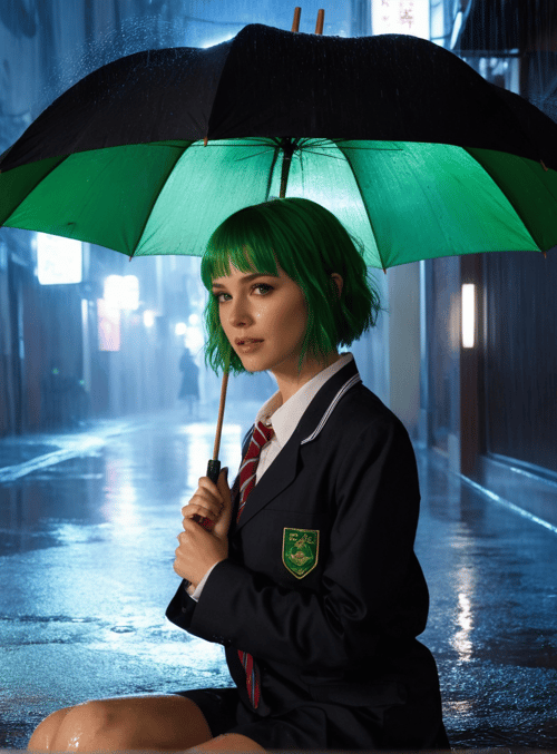 girl, umbrella, street, rain, school uniform