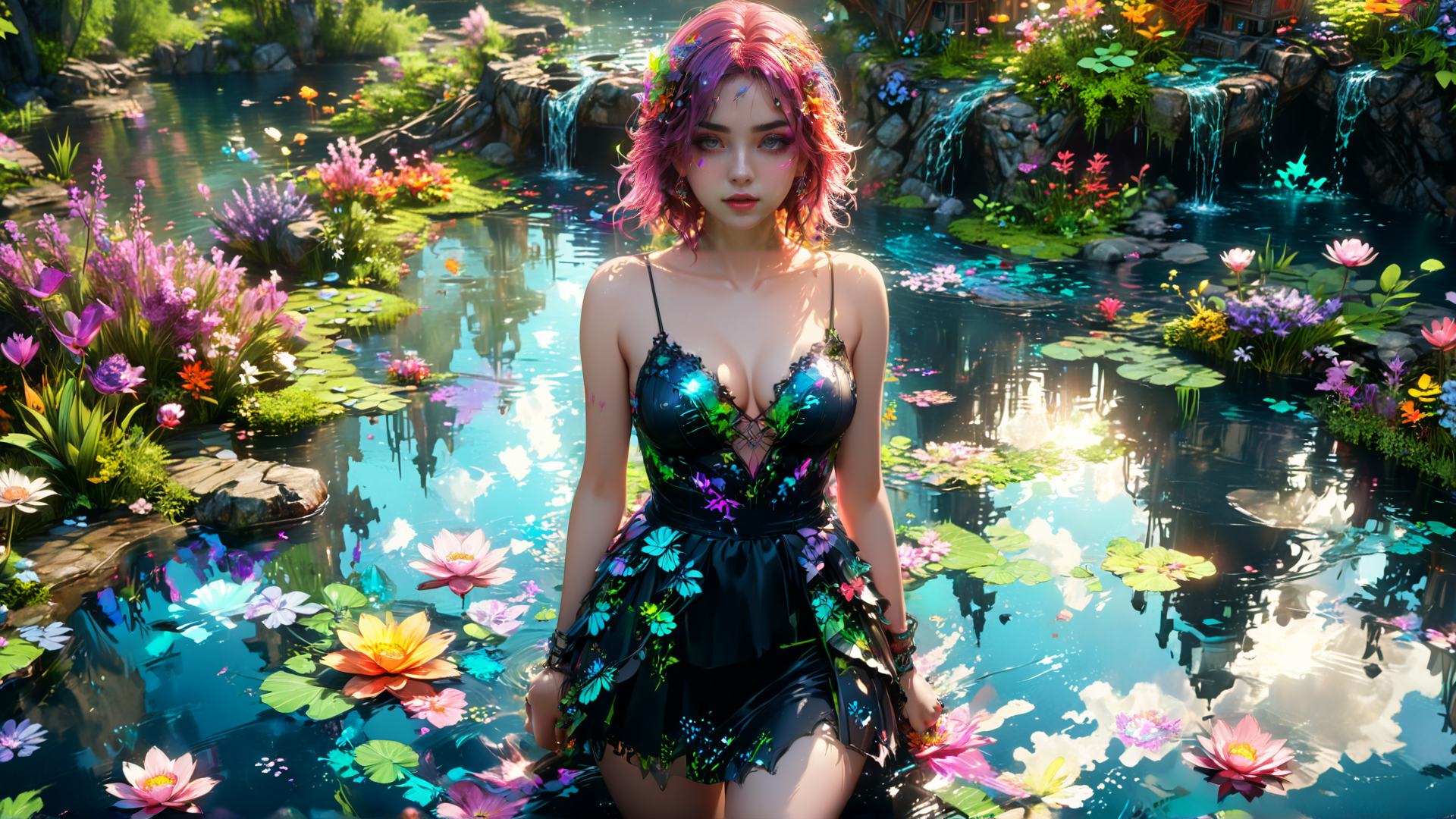 AI generated wallpaper featuring woman, nature, flowers