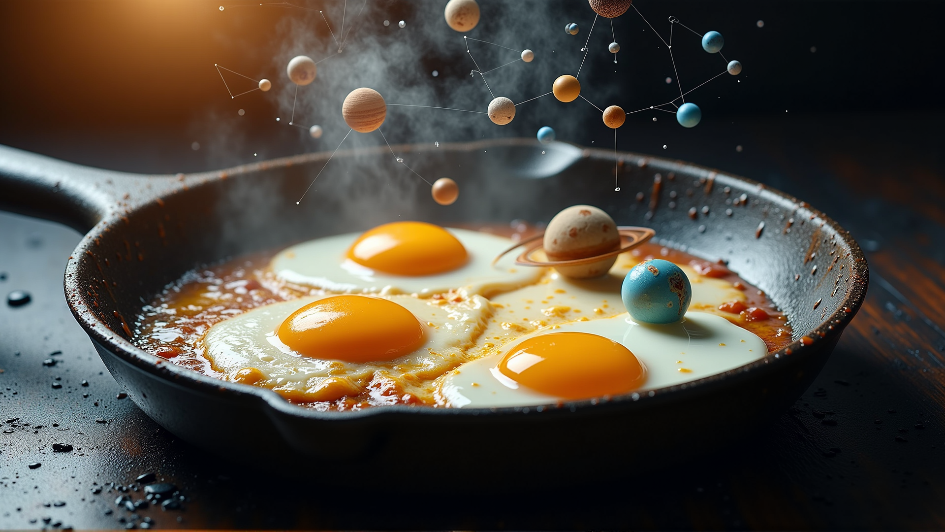 AI generated wallpaper featuring eggs, planets, frying pan
