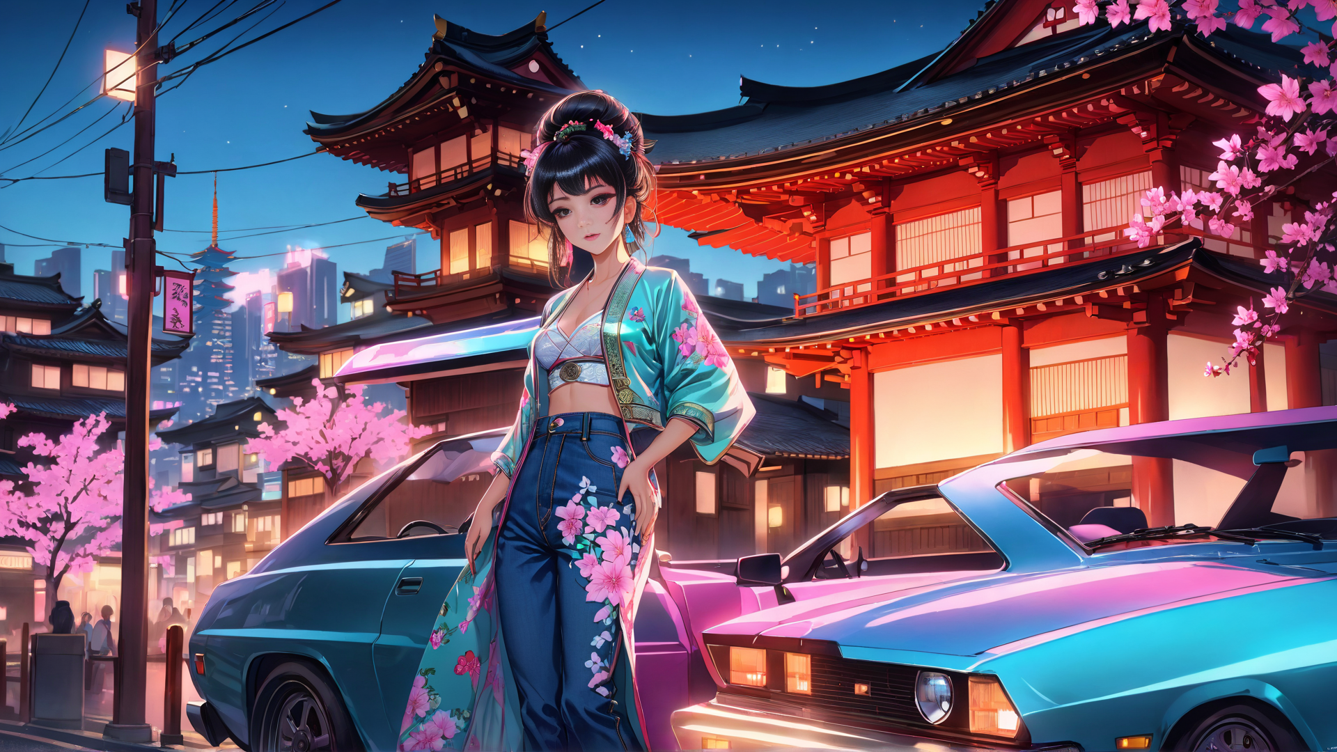 AI generated wallpaper featuring woman, car, temple
