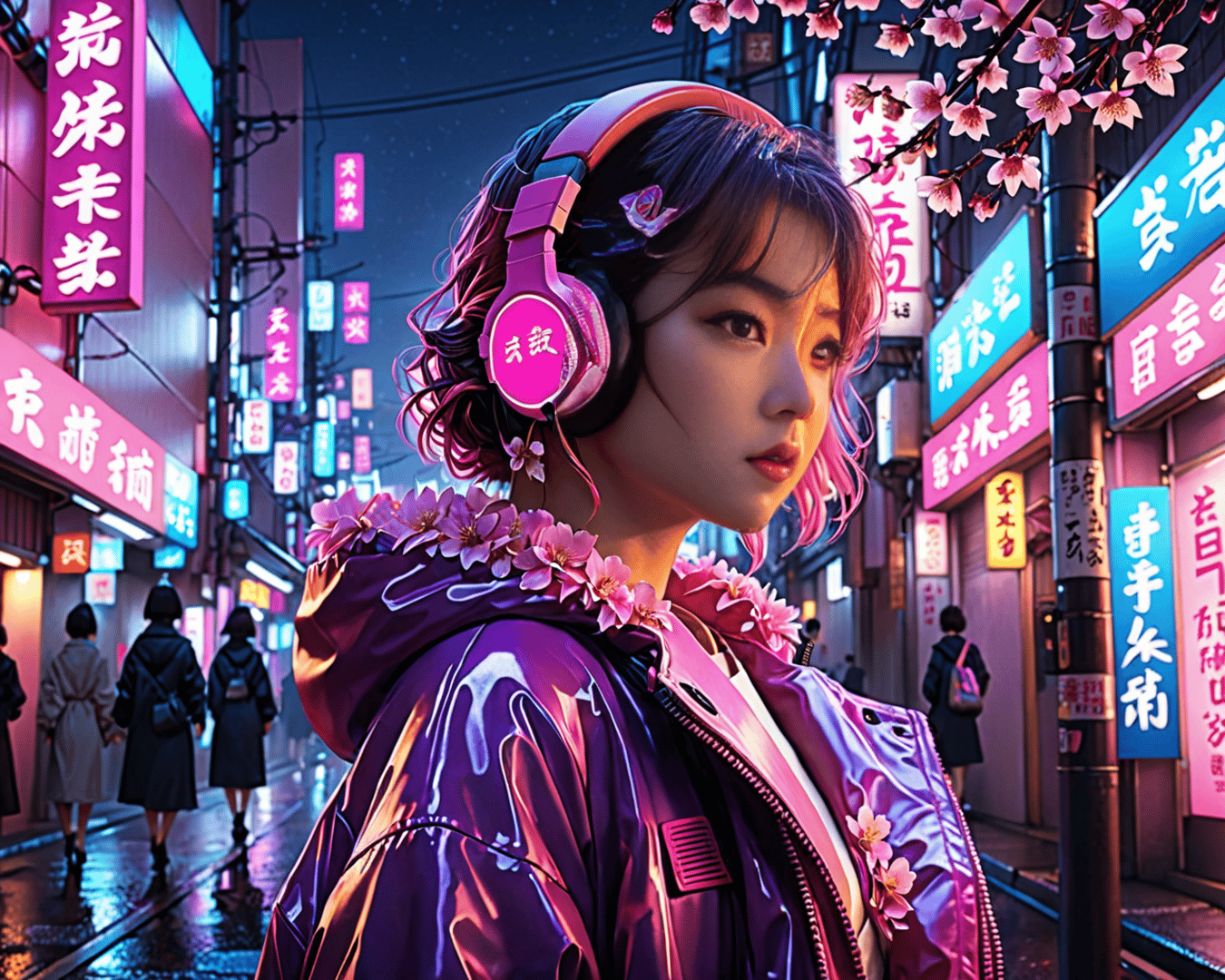 AI generated wallpaper featuring woman, headphones, cherry blossoms