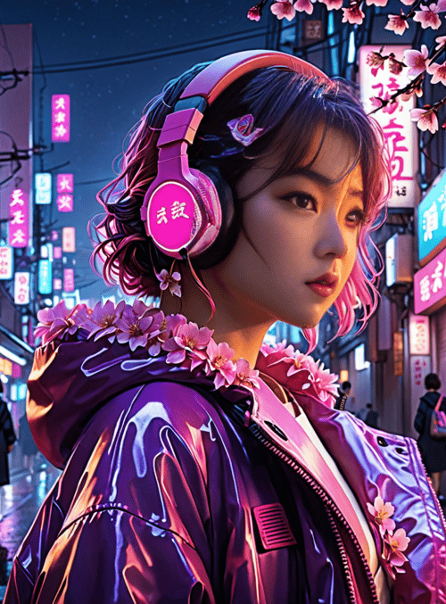 woman, headphones, cherry blossoms