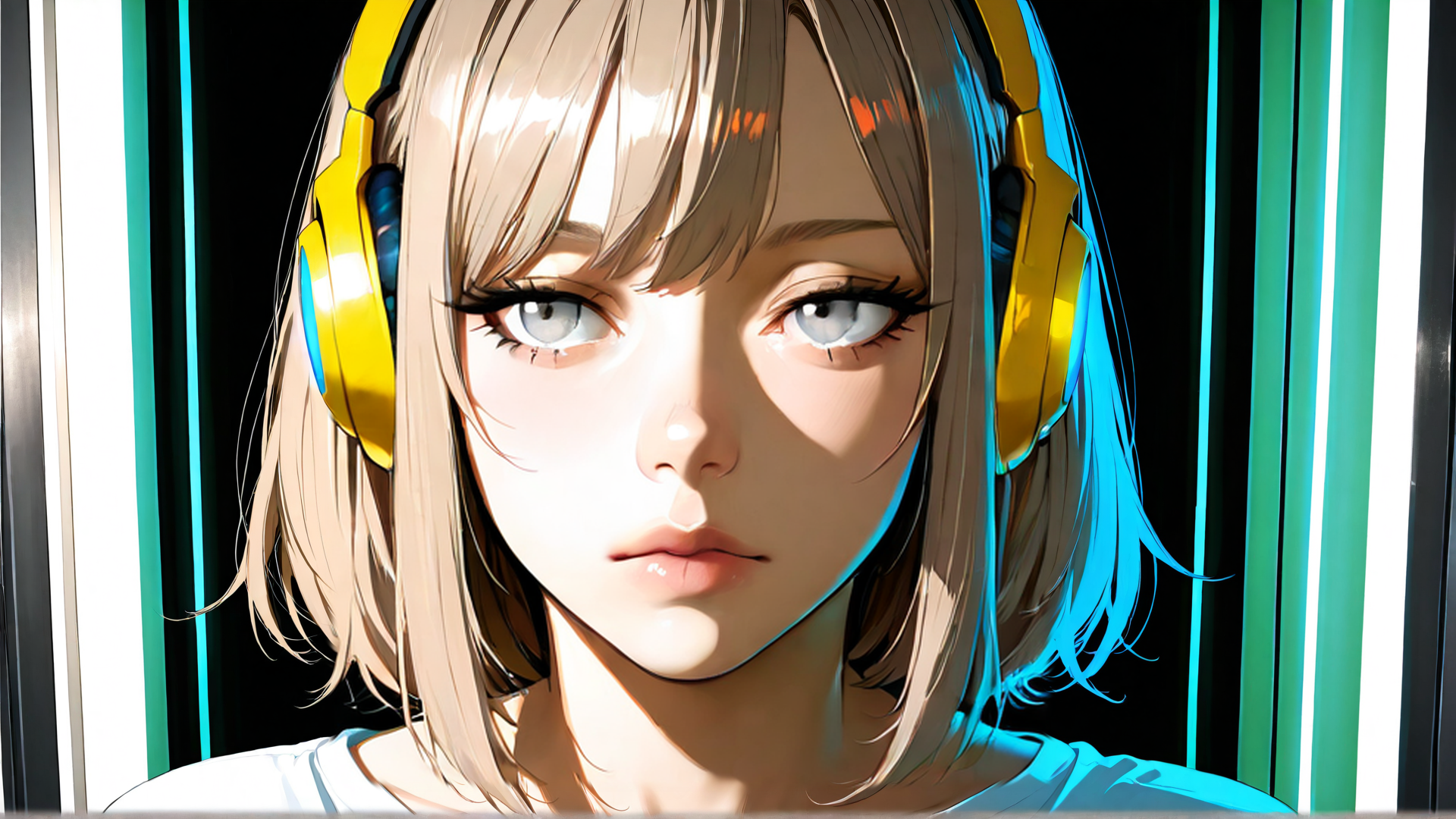 AI generated wallpaper featuring girl, headphones, hair, eyes, shirt