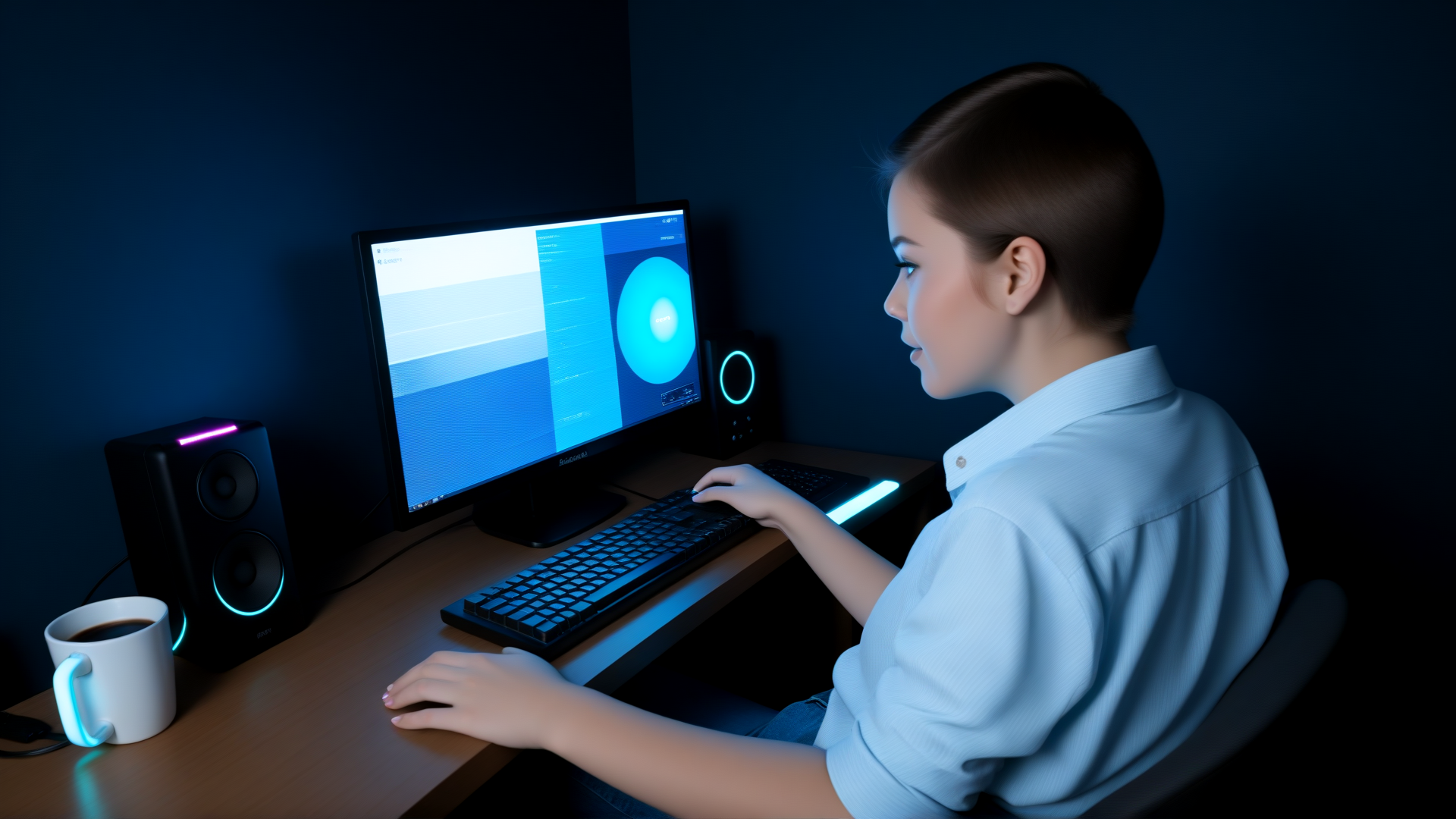 AI generated wallpaper featuring person, computer, keyboard, monitor, speaker, cup