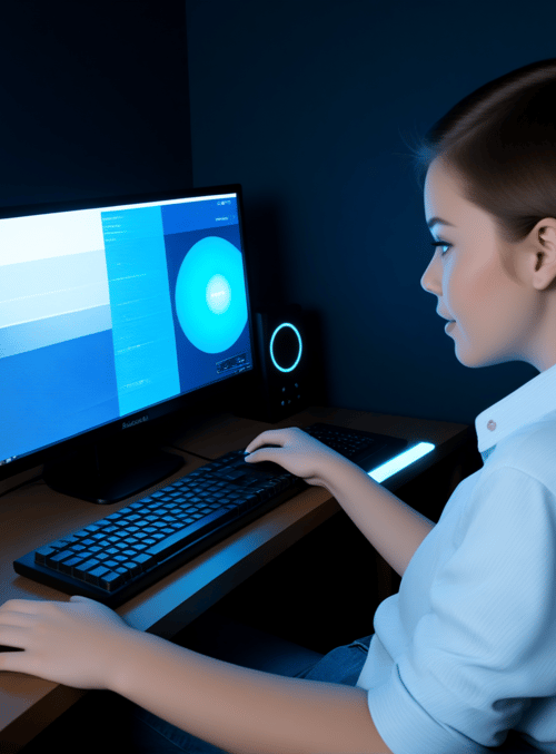 person, computer, keyboard, monitor, speaker, cup