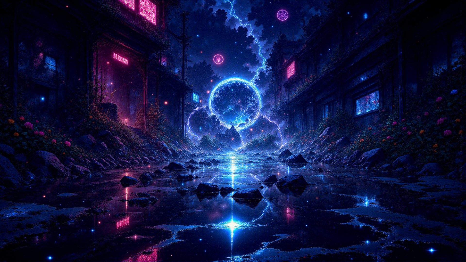 AI generated wallpaper featuring street, neon, river, moon, buildings, flowers, rocks, lightning, spheres, stars