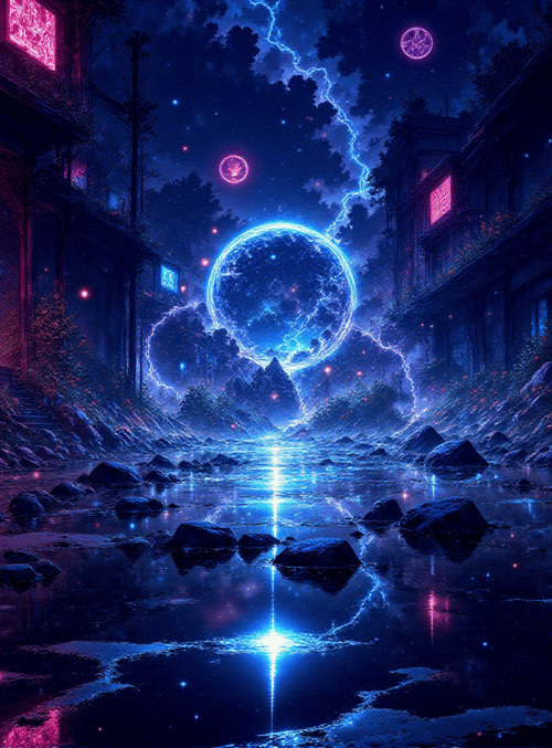 street, neon, river, moon, buildings, flowers, rocks, lightning, spheres, stars