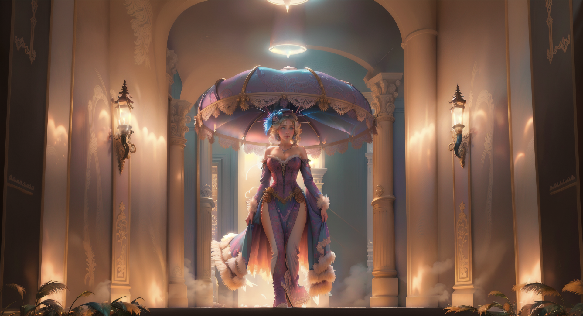AI generated wallpaper featuring woman, umbrella, dress