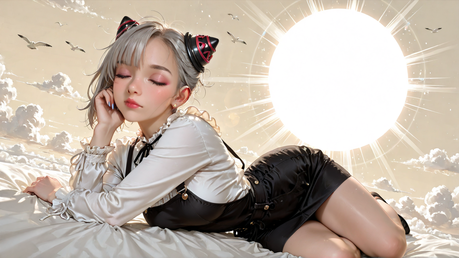 AI generated wallpaper featuring girl, seagulls, sun, clouds, bed, cat ears, overalls, shoes, hair, sky