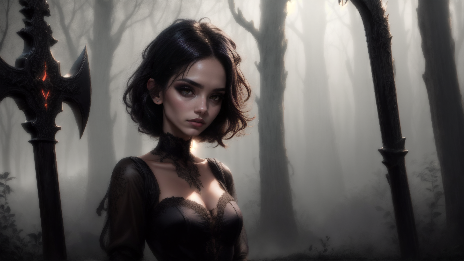 AI generated wallpaper featuring woman, axe, forest