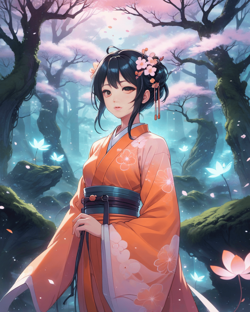 AI generated wallpaper featuring girl, kimono, cherry tree