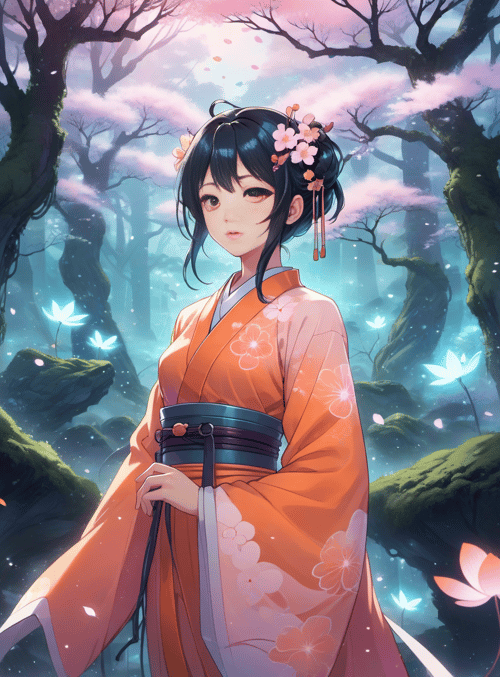 girl, kimono, cherry tree