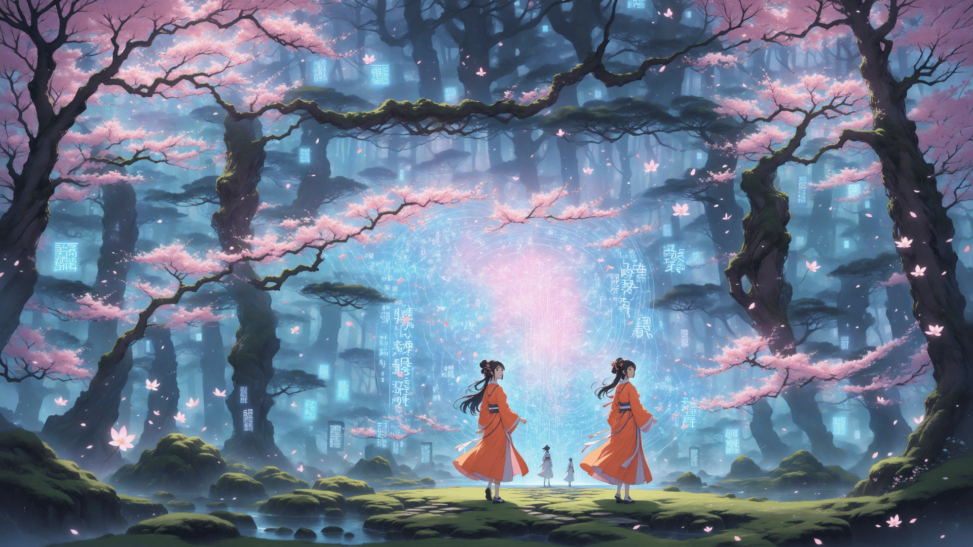 AI generated wallpaper featuring women, cherry blossoms, forest