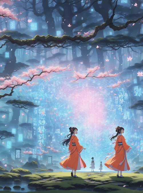 women, cherry blossoms, forest