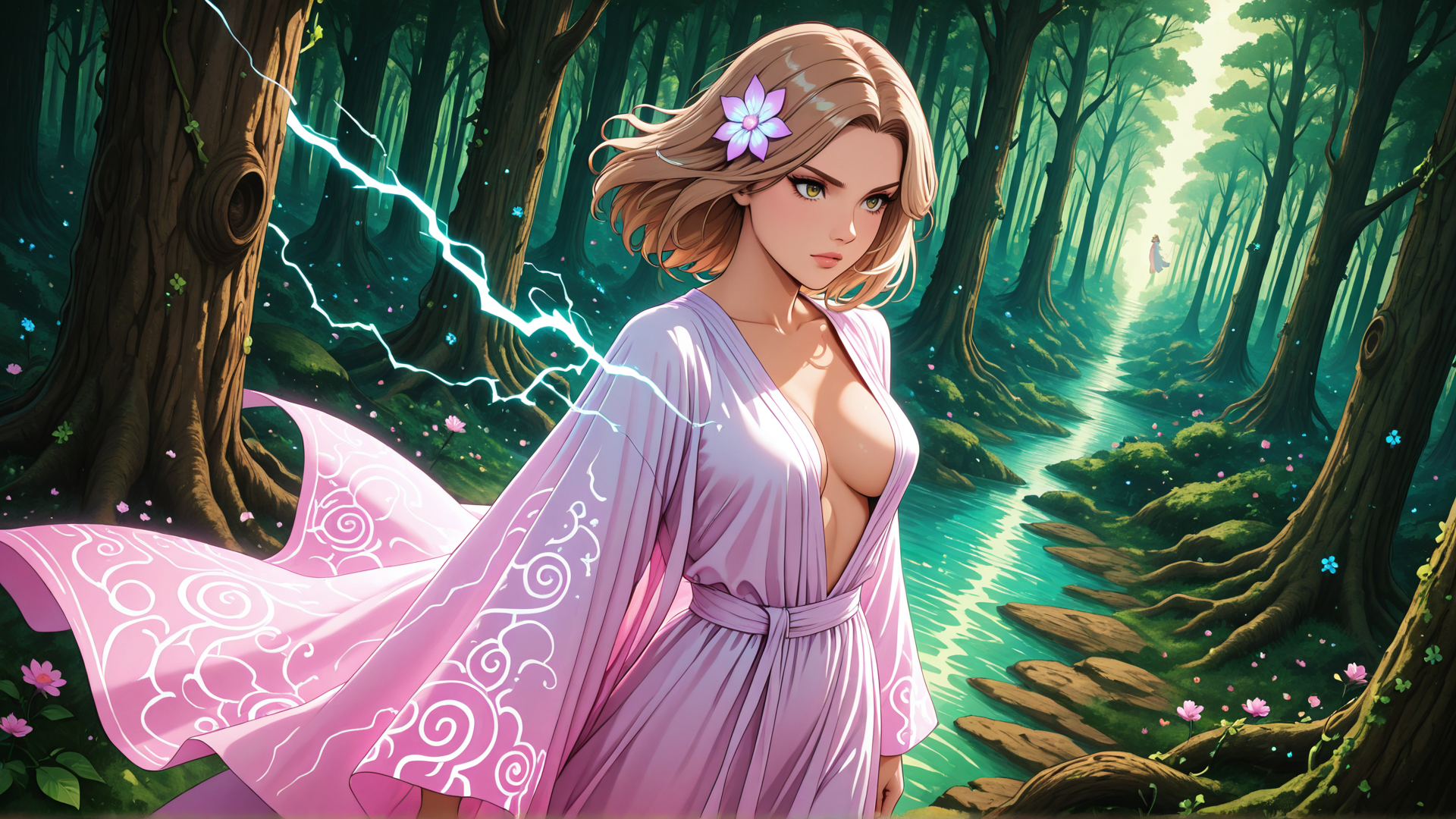AI generated wallpaper featuring woman, forest, river, tree, flower, dress, lightning, person, path, sunset