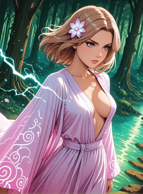 woman, forest, river, tree, flower, dress, lightning, person, path, sunset