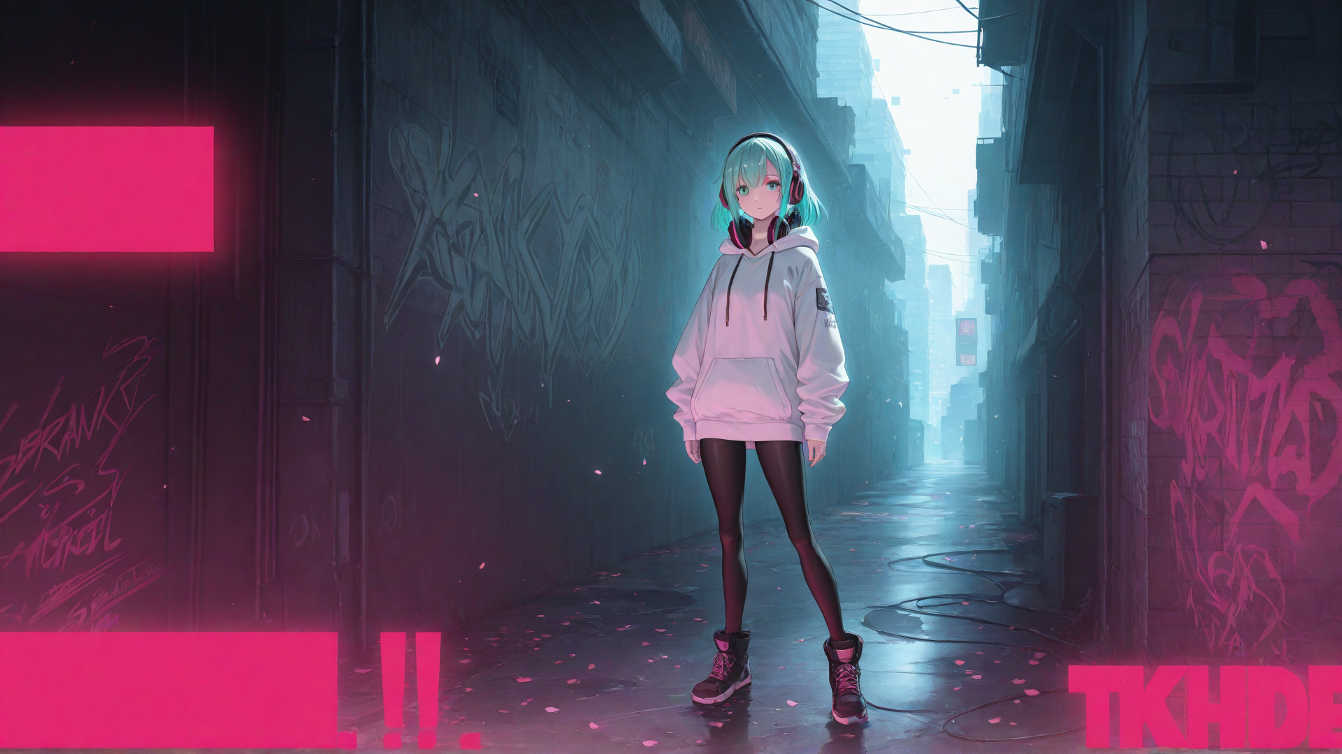 AI generated wallpaper featuring girl, anime, alley