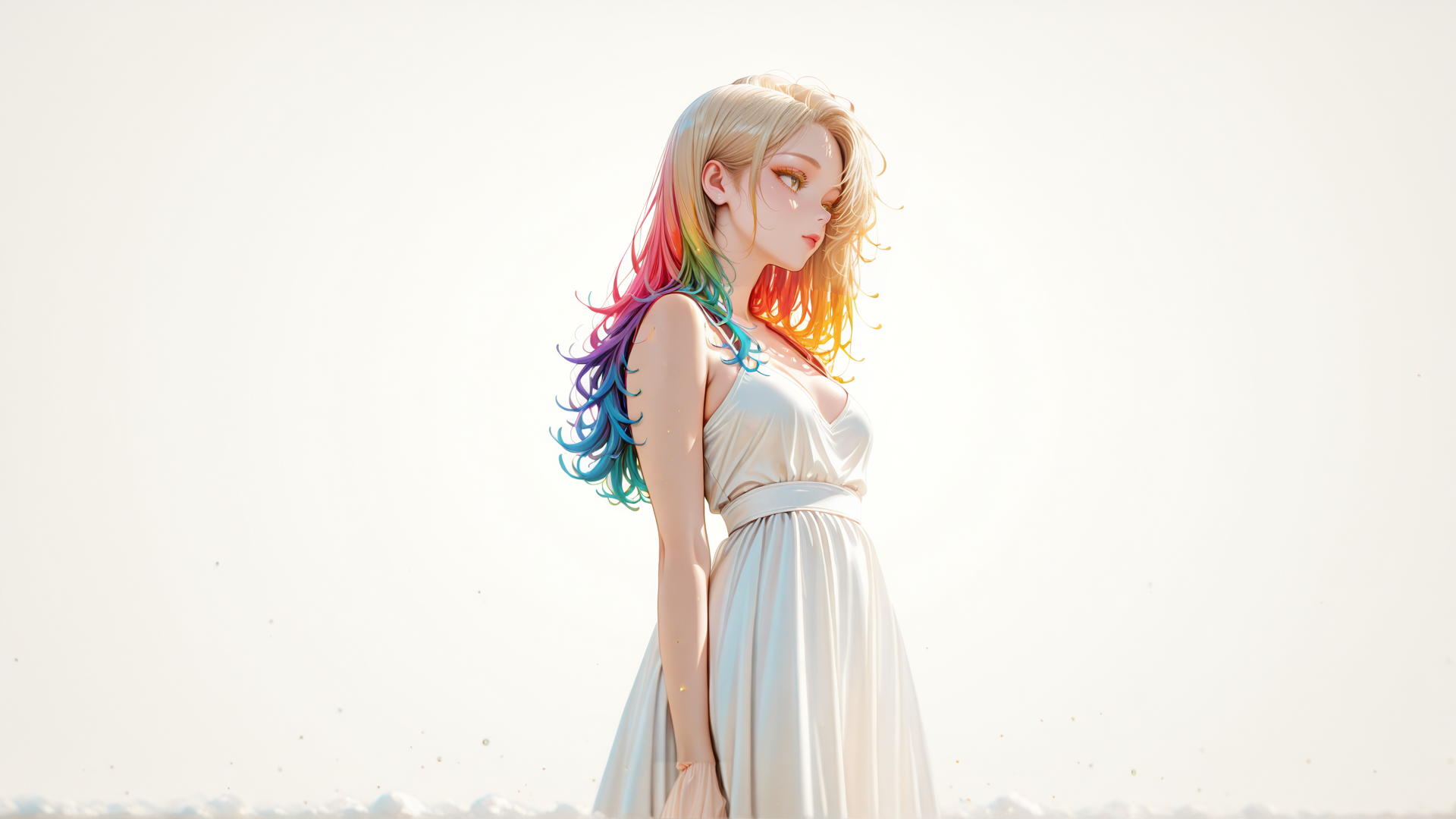 AI generated wallpaper featuring woman, rainbow hair, dress