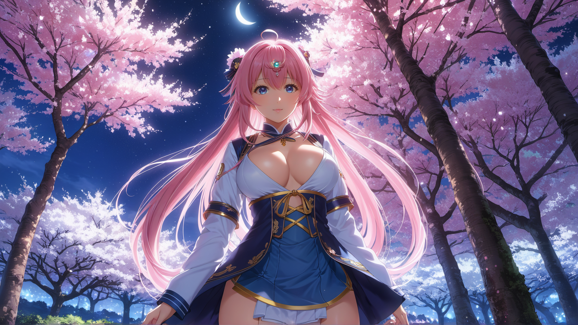 AI generated wallpaper featuring anime girl, cherry blossom, moon
