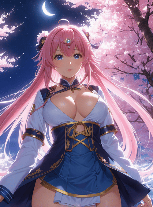anime girl, cherry blossom, moon