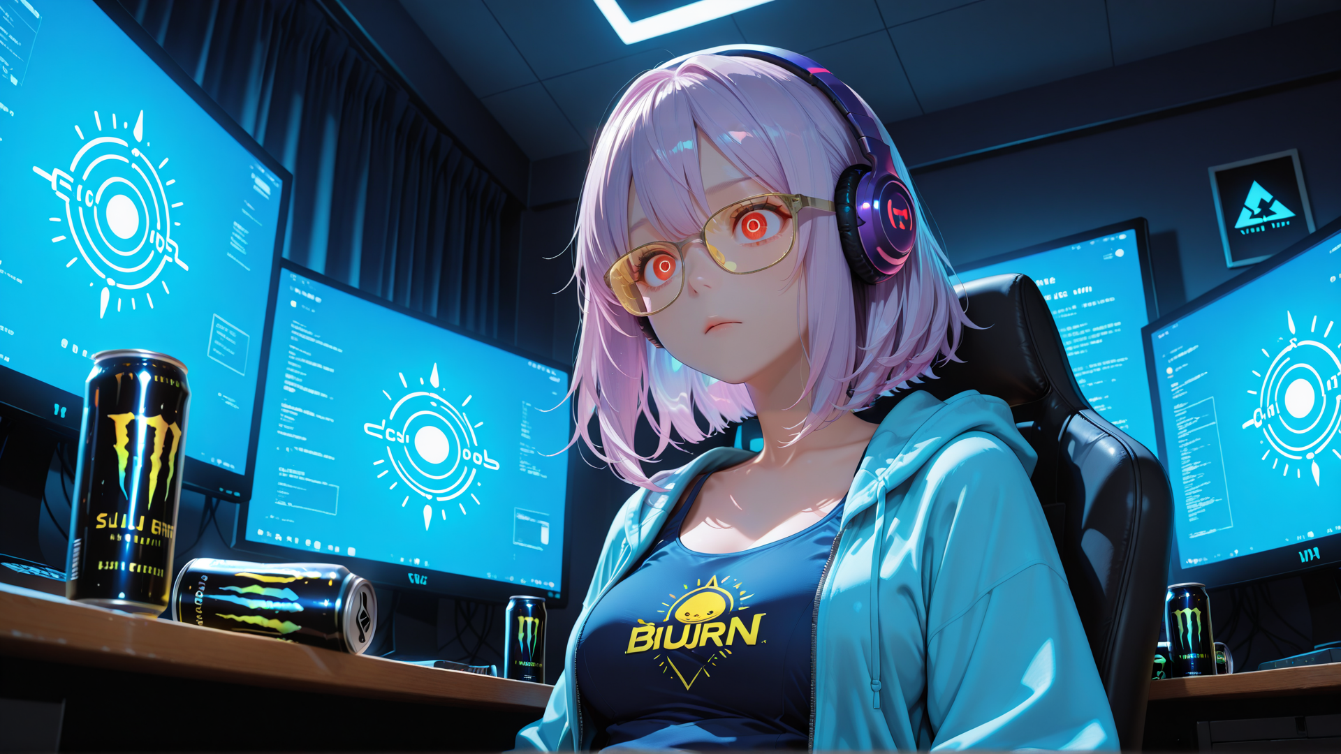 AI generated wallpaper featuring anime girl, headphones, computer monitors, gaming setup, energy drink, glasses