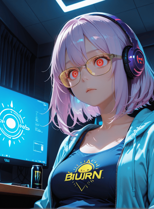 anime girl, headphones, computer monitors, gaming setup, energy drink, glasses