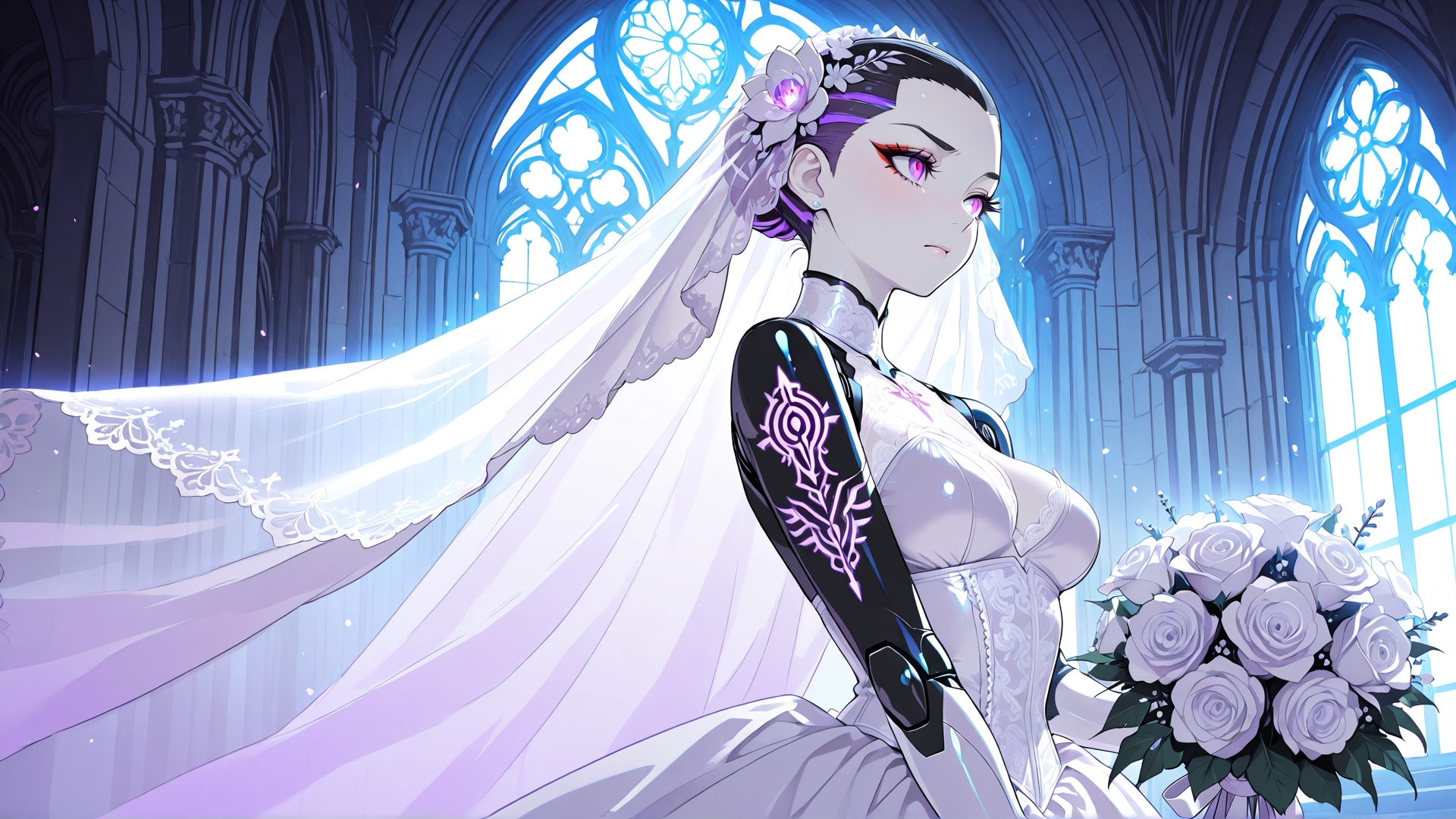 AI generated wallpaper featuring bride, gothic cathedral, veil, bouquet, gown, stained glass