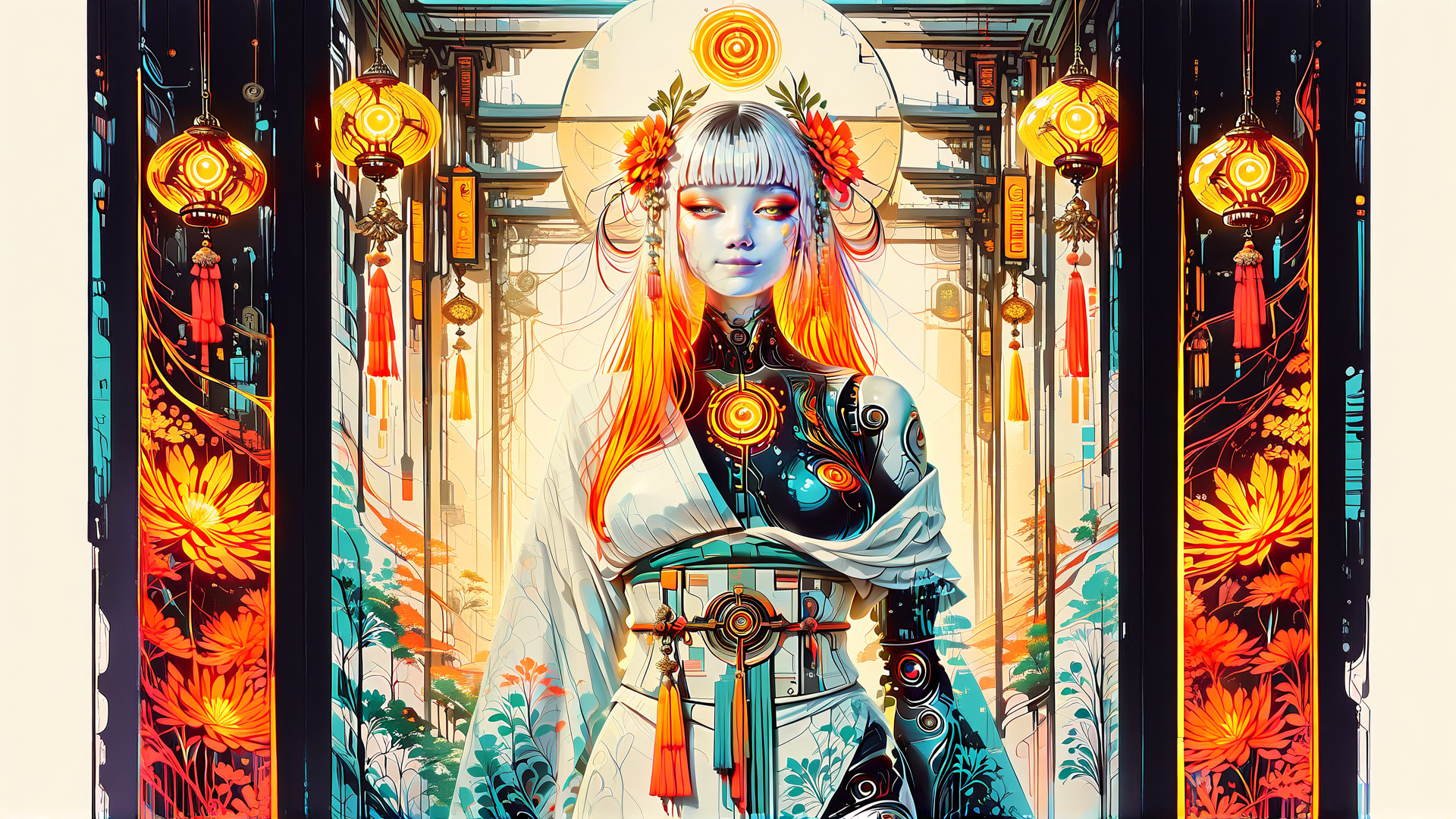 AI generated wallpaper featuring cyborg, woman, lanterns, flowers, cityscape