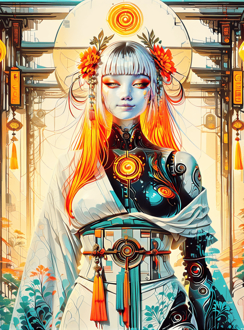 cyborg, woman, lanterns, flowers, cityscape
