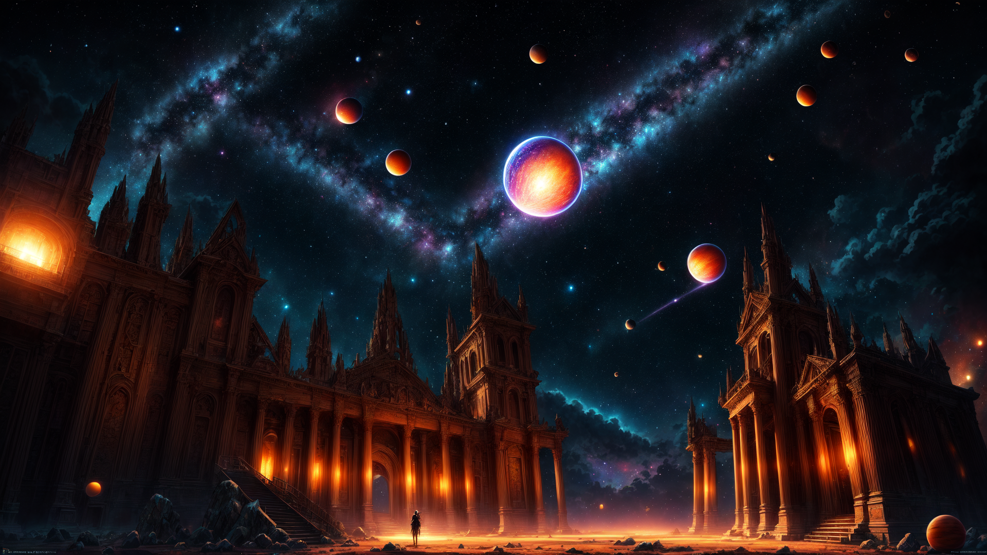 AI generated wallpaper featuring castle, planet, galaxy