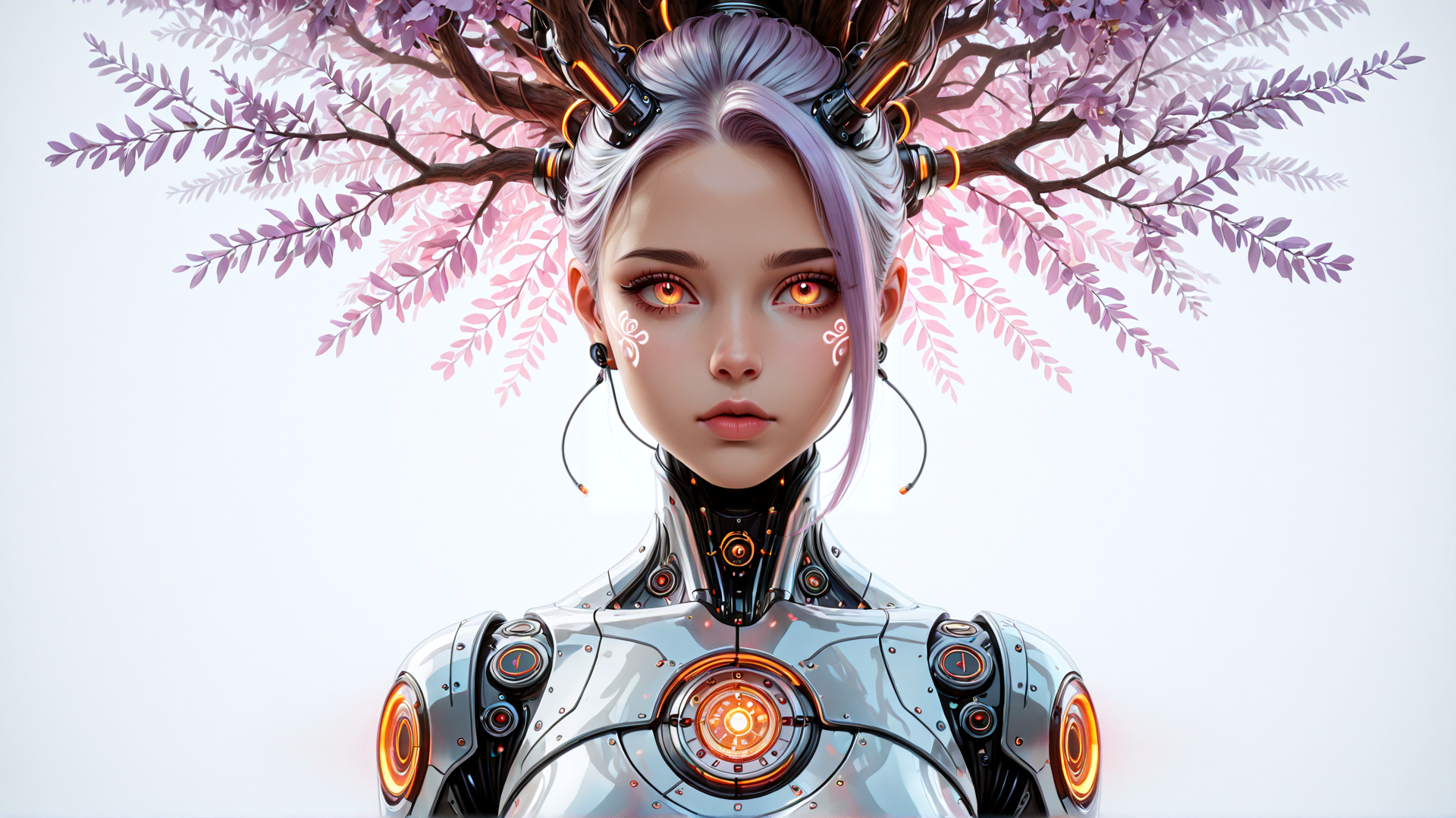 AI generated wallpaper featuring cyborg, robot, tree, cherry blossom, mechanical, hair, ears, neck, chest, circuit