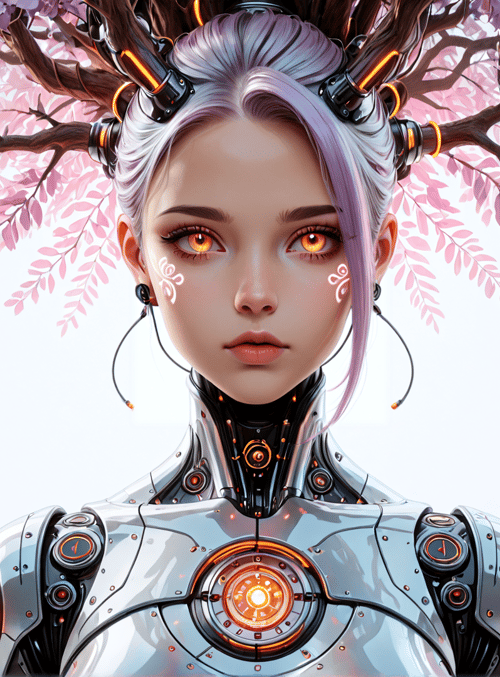 cyborg, robot, tree, cherry blossom, mechanical, hair, ears, neck, chest, circuit