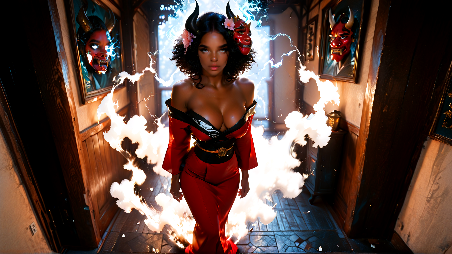 AI generated wallpaper featuring woman, devil horns, mask, smoke, fire