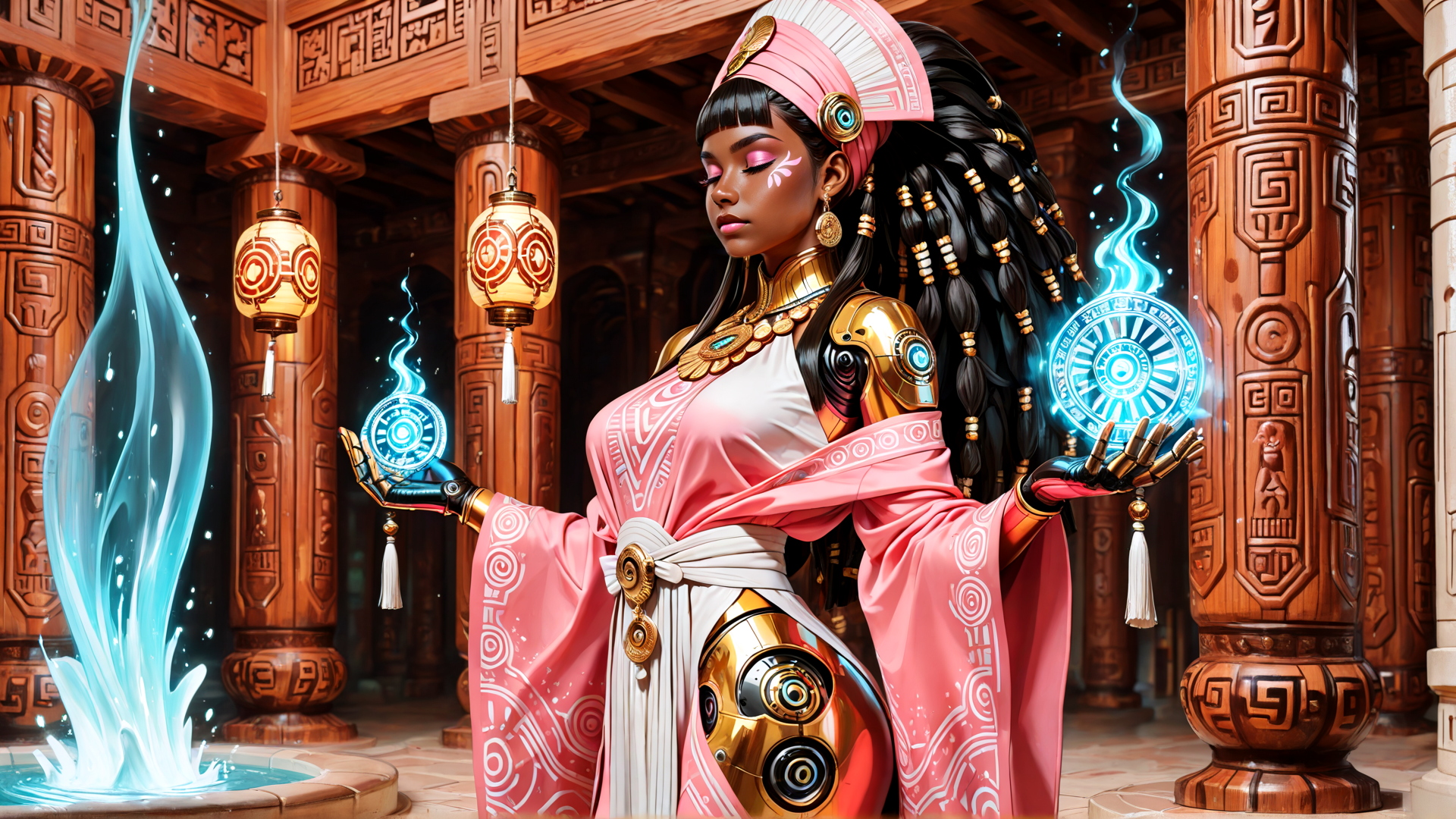 AI generated wallpaper featuring woman, goddess, robot, ancient, oracle, fountain, lantern, column, crown, scepter