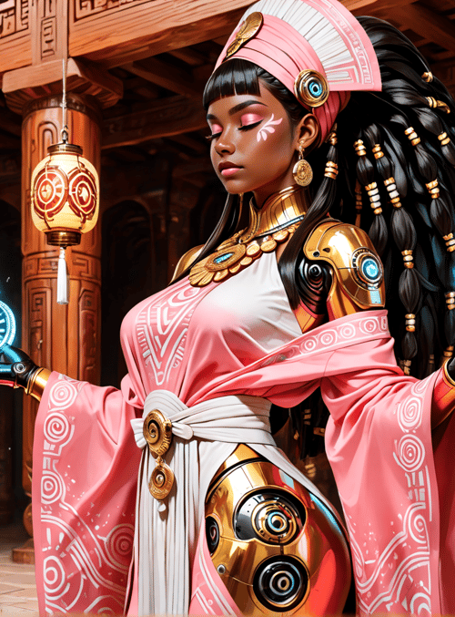 woman, goddess, robot, ancient, oracle, fountain, lantern, column, crown, scepter