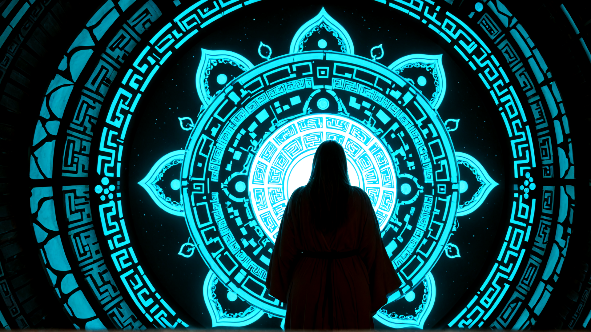 AI generated wallpaper featuring person, portal, symbol, circle, mandala, door, silhouette, robe, light, pattern