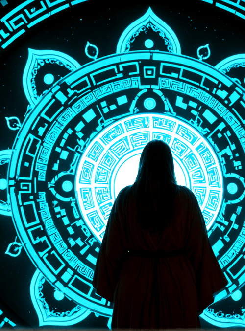 person, portal, symbol, circle, mandala, door, silhouette, robe, light, pattern