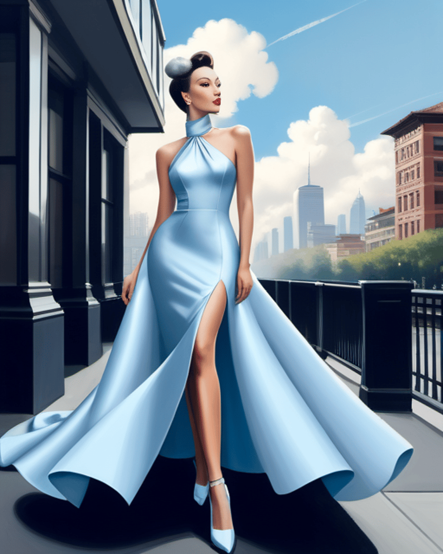 AI generated wallpaper featuring woman, dress, city
