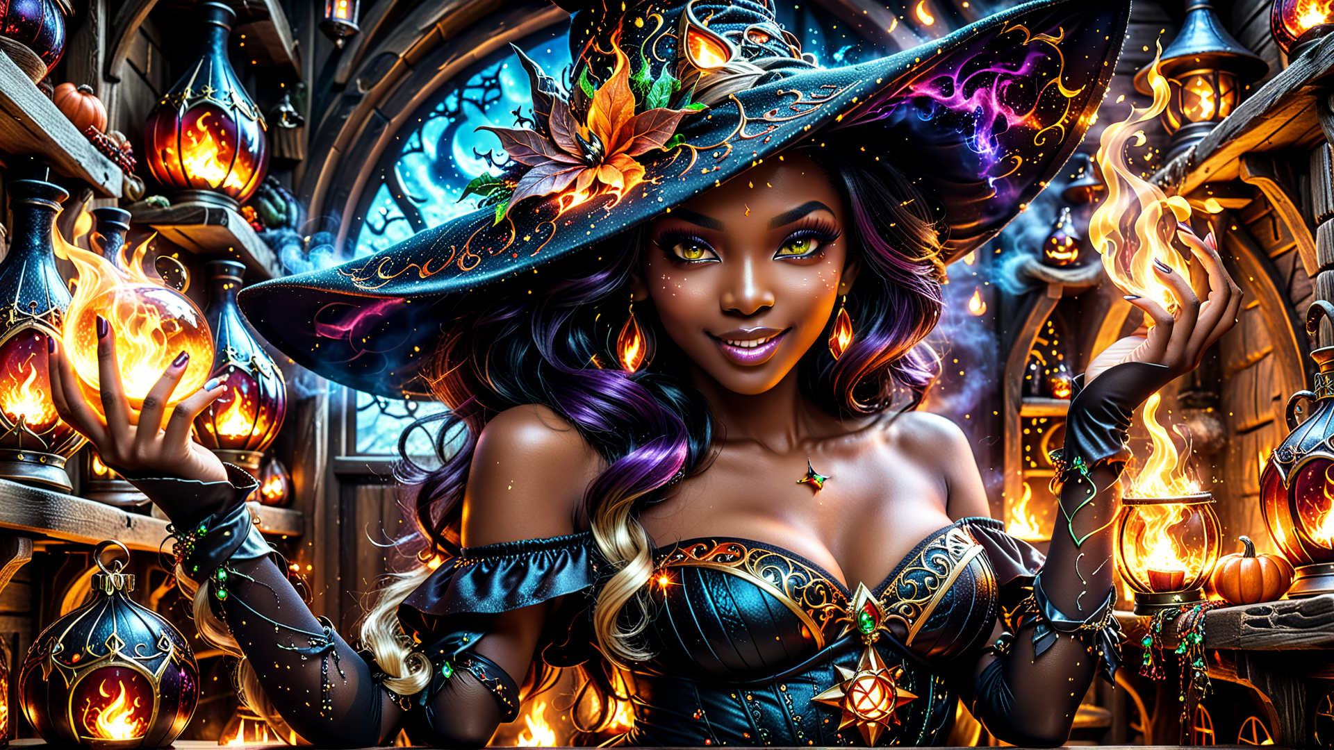 AI generated wallpaper featuring witch, hat, fire, lantern, potion, gloves, dress, pumpkin, candle, jewelry
