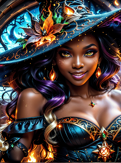 witch, hat, fire, lantern, potion, gloves, dress, pumpkin, candle, jewelry